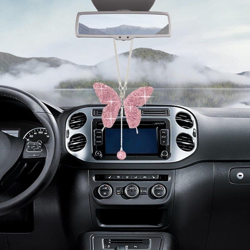 Couslcd Bling Butterfly Diamond Car Accessories, Crystal Car Rear View Mirror Charms for Women, Car Decoration Lucky Hanging Interior Crystal Ornament Pendant Decor for All Cars (Pink) - Image 4